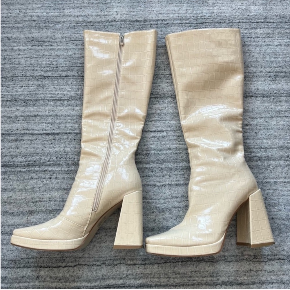 Princess Polly Montgomery Vegan Leather Boots Cream Croc